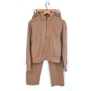 Blank NYC Terry 1/4 Zip Pullover Sweatshirt and Joggers Matching Set Tan XS